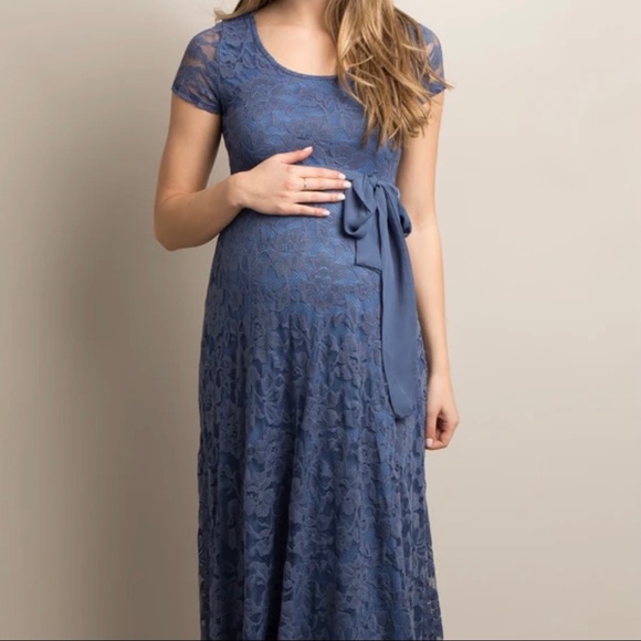 Blue lace sash tie maternity gown